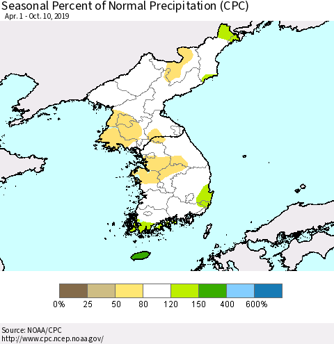 Korea Seasonal Percent of Normal Precipitation (CPC) Thematic Map For 4/1/2019 - 10/10/2019