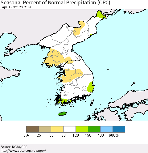 Korea Seasonal Percent of Normal Precipitation (CPC) Thematic Map For 4/1/2019 - 10/20/2019