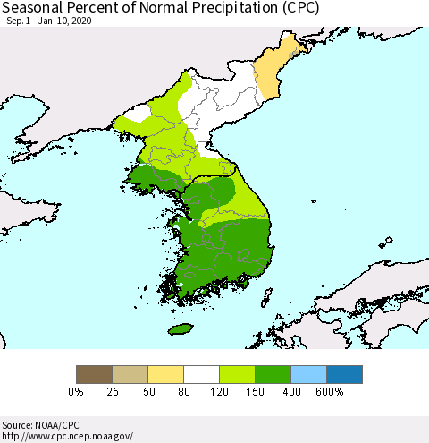 Korea Seasonal Percent of Normal Precipitation (CPC) Thematic Map For 9/1/2019 - 1/10/2020