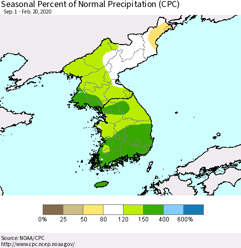 Korea Seasonal Percent of Normal Precipitation (CPC) Thematic Map For 9/1/2019 - 2/20/2020