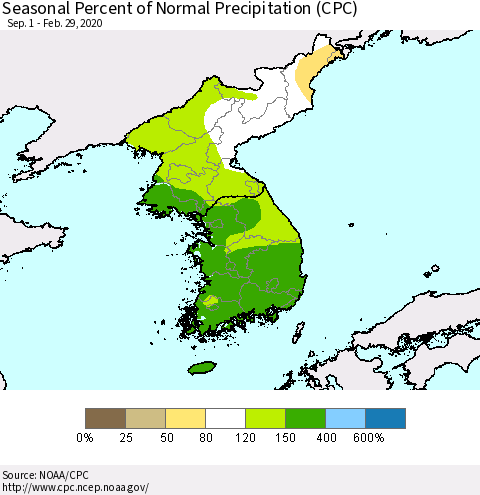 Korea Seasonal Percent of Normal Precipitation (CPC) Thematic Map For 9/1/2019 - 2/29/2020
