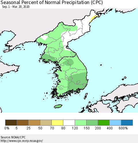 Korea Seasonal Percent of Normal Precipitation (CPC) Thematic Map For 9/1/2019 - 3/20/2020