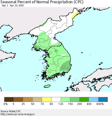 Korea Seasonal Percent of Normal Precipitation (CPC) Thematic Map For 9/1/2019 - 4/10/2020