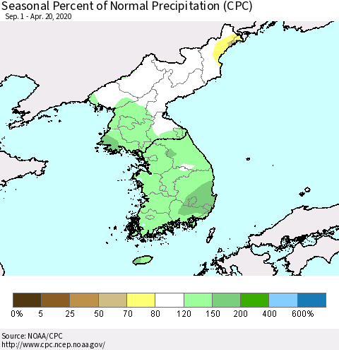 Korea Seasonal Percent of Normal Precipitation (CPC) Thematic Map For 9/1/2019 - 4/20/2020