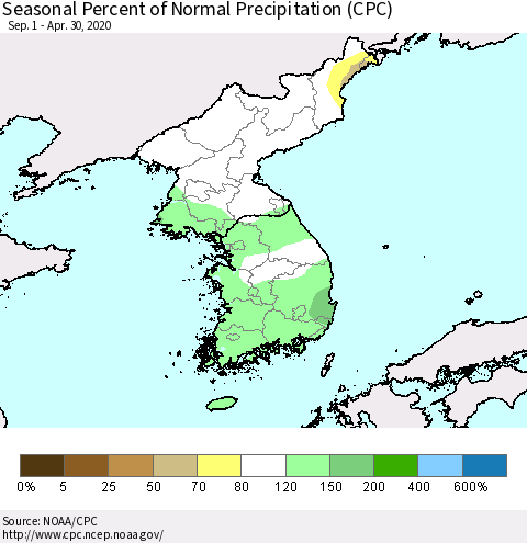 Korea Seasonal Percent of Normal Precipitation (CPC) Thematic Map For 9/1/2019 - 4/30/2020