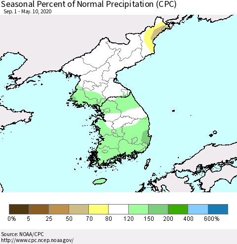 Korea Seasonal Percent of Normal Precipitation (CPC) Thematic Map For 9/1/2019 - 5/10/2020