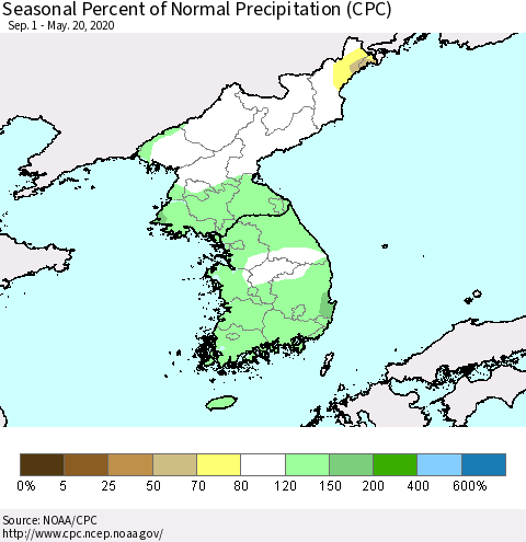 Korea Seasonal Percent of Normal Precipitation (CPC) Thematic Map For 9/1/2019 - 5/20/2020