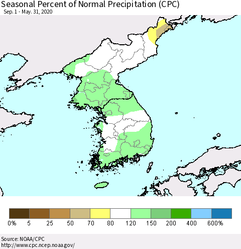 Korea Seasonal Percent of Normal Precipitation (CPC) Thematic Map For 9/1/2019 - 5/31/2020