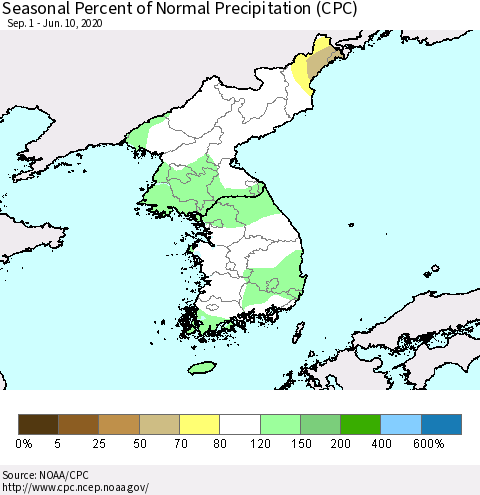 Korea Seasonal Percent of Normal Precipitation (CPC) Thematic Map For 9/1/2019 - 6/10/2020