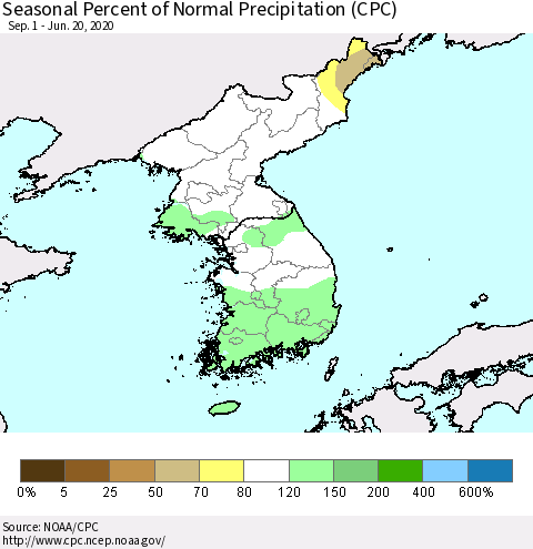 Korea Seasonal Percent of Normal Precipitation (CPC) Thematic Map For 9/1/2019 - 6/20/2020