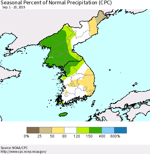 Korea Seasonal Percent of Normal Precipitation (CPC) Thematic Map For 9/1/2019 - 9/20/2019