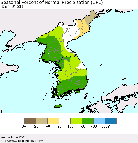 Korea Seasonal Percent of Normal Precipitation (CPC) Thematic Map For 9/1/2019 - 9/30/2019