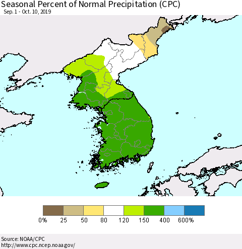 Korea Seasonal Percent of Normal Precipitation (CPC) Thematic Map For 9/1/2019 - 10/10/2019