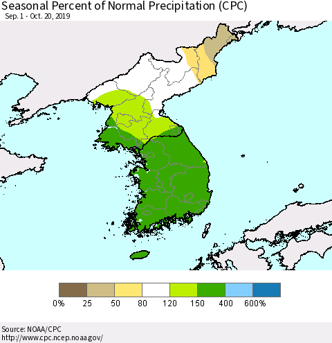 Korea Seasonal Percent of Normal Precipitation (CPC) Thematic Map For 9/1/2019 - 10/20/2019