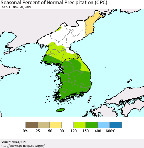 Korea Seasonal Percent of Normal Precipitation (CPC) Thematic Map For 9/1/2019 - 11/20/2019