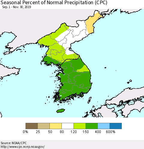 Korea Seasonal Percent of Normal Precipitation (CPC) Thematic Map For 9/1/2019 - 11/30/2019