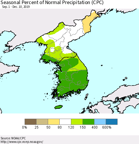 Korea Seasonal Percent of Normal Precipitation (CPC) Thematic Map For 9/1/2019 - 12/10/2019