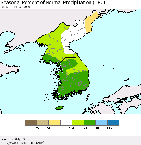 Korea Seasonal Percent of Normal Precipitation (CPC) Thematic Map For 9/1/2019 - 12/31/2019