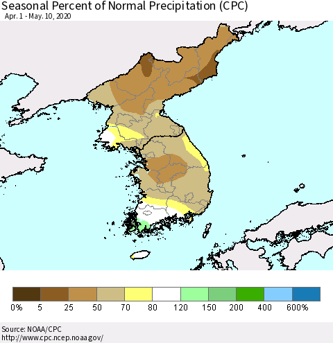 Korea Seasonal Percent of Normal Precipitation (CPC) Thematic Map For 4/1/2020 - 5/10/2020