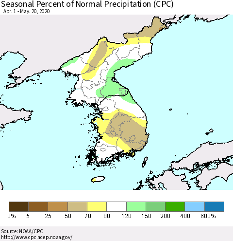 Korea Seasonal Percent of Normal Precipitation (CPC) Thematic Map For 4/1/2020 - 5/20/2020