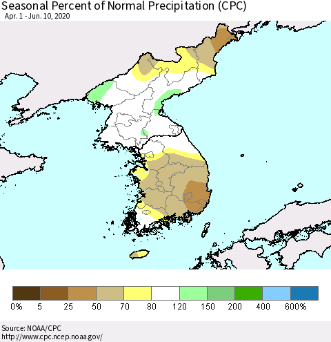 Korea Seasonal Percent of Normal Precipitation (CPC) Thematic Map For 4/1/2020 - 6/10/2020