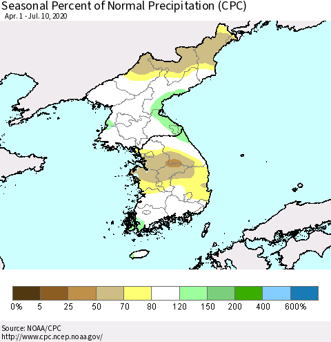 Korea Seasonal Percent of Normal Precipitation (CPC) Thematic Map For 4/1/2020 - 7/10/2020