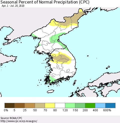 Korea Seasonal Percent of Normal Precipitation (CPC) Thematic Map For 4/1/2020 - 7/20/2020