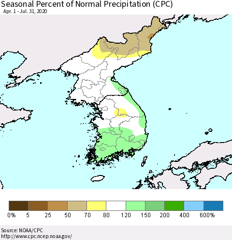 Korea Seasonal Percent of Normal Precipitation (CPC) Thematic Map For 4/1/2020 - 7/31/2020