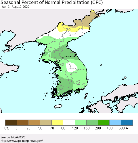 Korea Seasonal Percent of Normal Precipitation (CPC) Thematic Map For 4/1/2020 - 8/10/2020