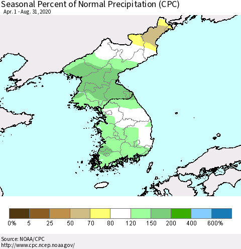 Korea Seasonal Percent of Normal Precipitation (CPC) Thematic Map For 4/1/2020 - 8/31/2020