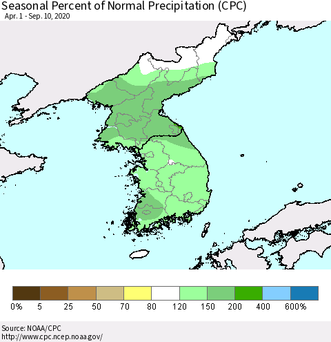 Korea Seasonal Percent of Normal Precipitation (CPC) Thematic Map For 4/1/2020 - 9/10/2020