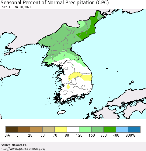 Korea Seasonal Percent of Normal Precipitation (CPC) Thematic Map For 9/1/2020 - 1/10/2021