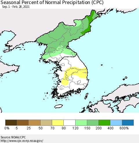 Korea Seasonal Percent of Normal Precipitation (CPC) Thematic Map For 9/1/2020 - 2/28/2021