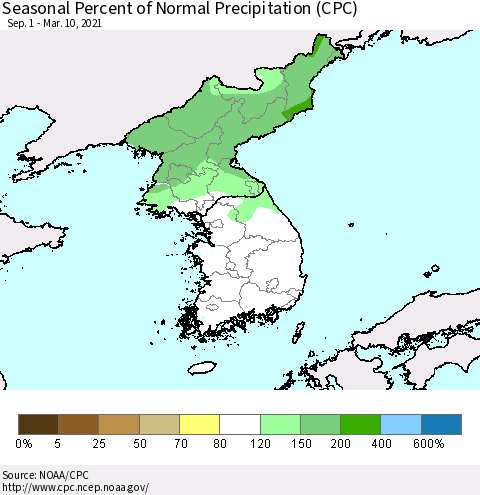 Korea Seasonal Percent of Normal Precipitation (CPC) Thematic Map For 9/1/2020 - 3/10/2021