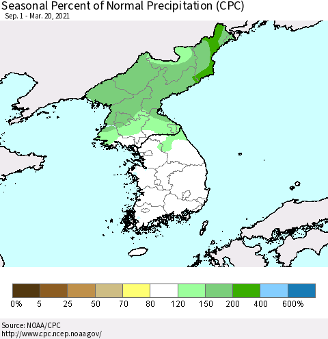 Korea Seasonal Percent of Normal Precipitation (CPC) Thematic Map For 9/1/2020 - 3/20/2021