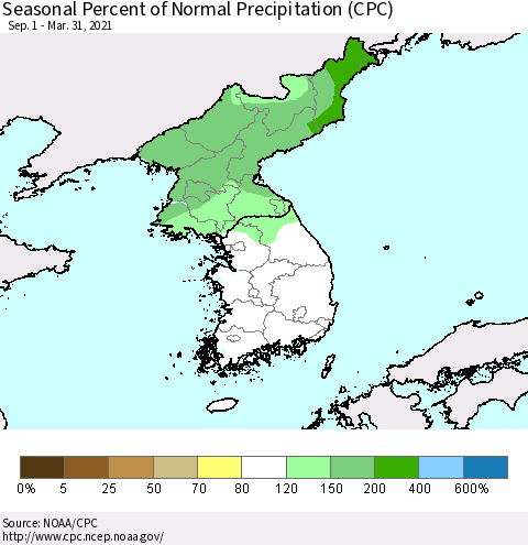 Korea Seasonal Percent of Normal Precipitation (CPC) Thematic Map For 9/1/2020 - 3/31/2021