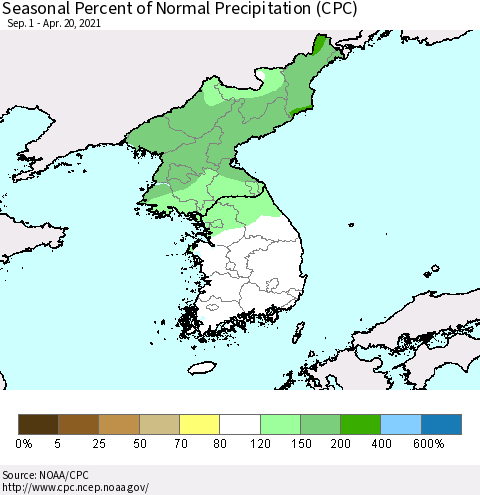 Korea Seasonal Percent of Normal Precipitation (CPC) Thematic Map For 9/1/2020 - 4/20/2021