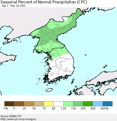 Korea Seasonal Percent of Normal Precipitation (CPC) Thematic Map For 9/1/2020 - 5/20/2021