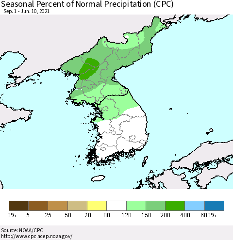 Korea Seasonal Percent of Normal Precipitation (CPC) Thematic Map For 9/1/2020 - 6/10/2021