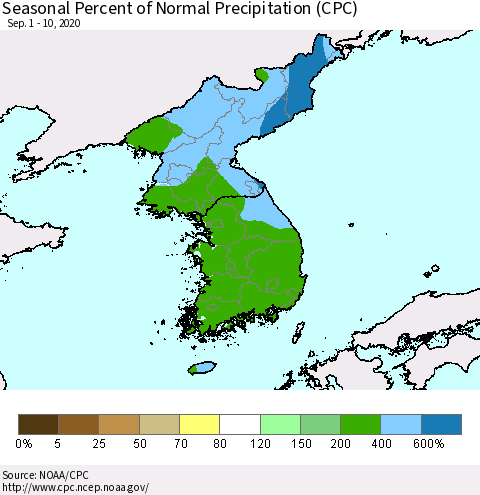 Korea Seasonal Percent of Normal Precipitation (CPC) Thematic Map For 9/1/2020 - 9/10/2020