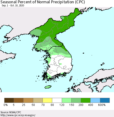 Korea Seasonal Percent of Normal Precipitation (CPC) Thematic Map For 9/1/2020 - 10/10/2020