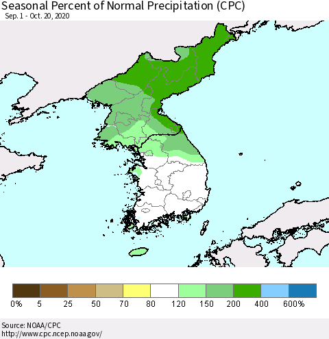 Korea Seasonal Percent of Normal Precipitation (CPC) Thematic Map For 9/1/2020 - 10/20/2020