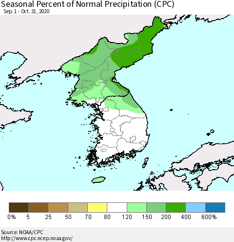 Korea Seasonal Percent of Normal Precipitation (CPC) Thematic Map For 9/1/2020 - 10/31/2020