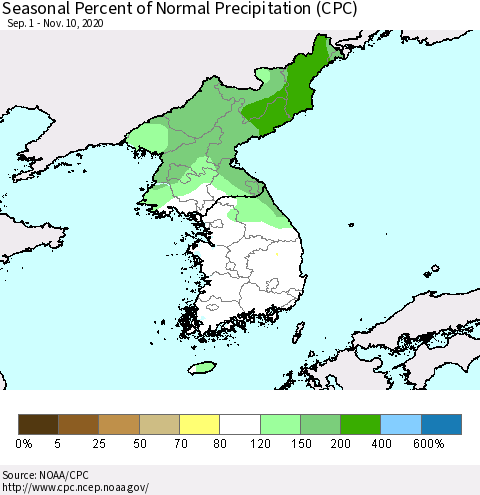 Korea Seasonal Percent of Normal Precipitation (CPC) Thematic Map For 9/1/2020 - 11/10/2020