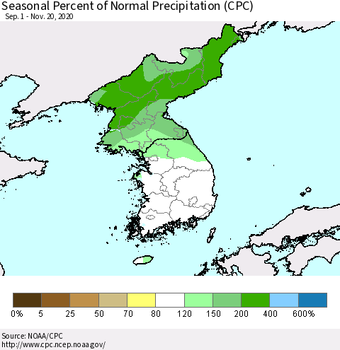 Korea Seasonal Percent of Normal Precipitation (CPC) Thematic Map For 9/1/2020 - 11/20/2020