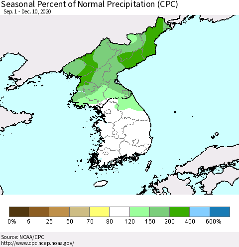Korea Seasonal Percent of Normal Precipitation (CPC) Thematic Map For 9/1/2020 - 12/10/2020