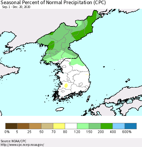 Korea Seasonal Percent of Normal Precipitation (CPC) Thematic Map For 9/1/2020 - 12/20/2020