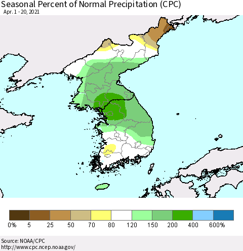 Korea Seasonal Percent of Normal Precipitation (CPC) Thematic Map For 4/1/2021 - 4/20/2021