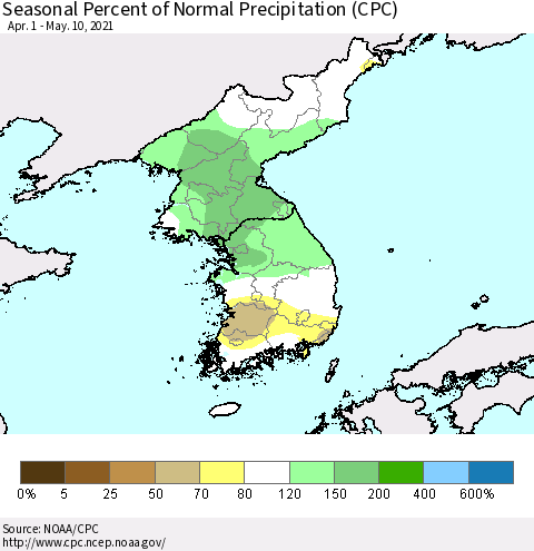 Korea Seasonal Percent of Normal Precipitation (CPC) Thematic Map For 4/1/2021 - 5/10/2021