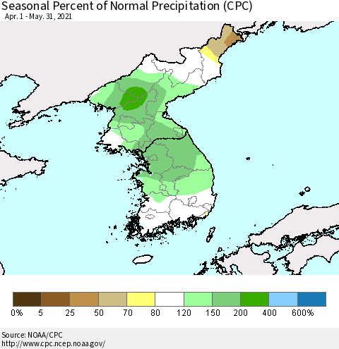 Korea Seasonal Percent of Normal Precipitation (CPC) Thematic Map For 4/1/2021 - 5/31/2021